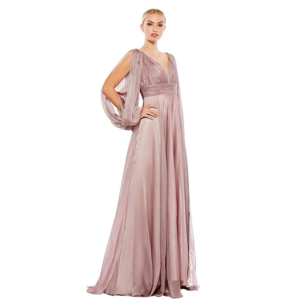Mac Duggal NWT Deep V-Neck Cutaway Sleeve Chiffon Gown in Mocha Size 10
